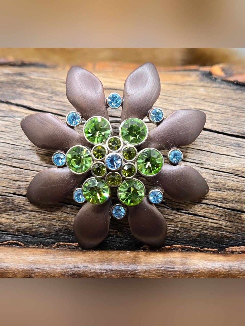 Modern Floral Brooch w/ Green & Blue Crystals Brown Painted Petals